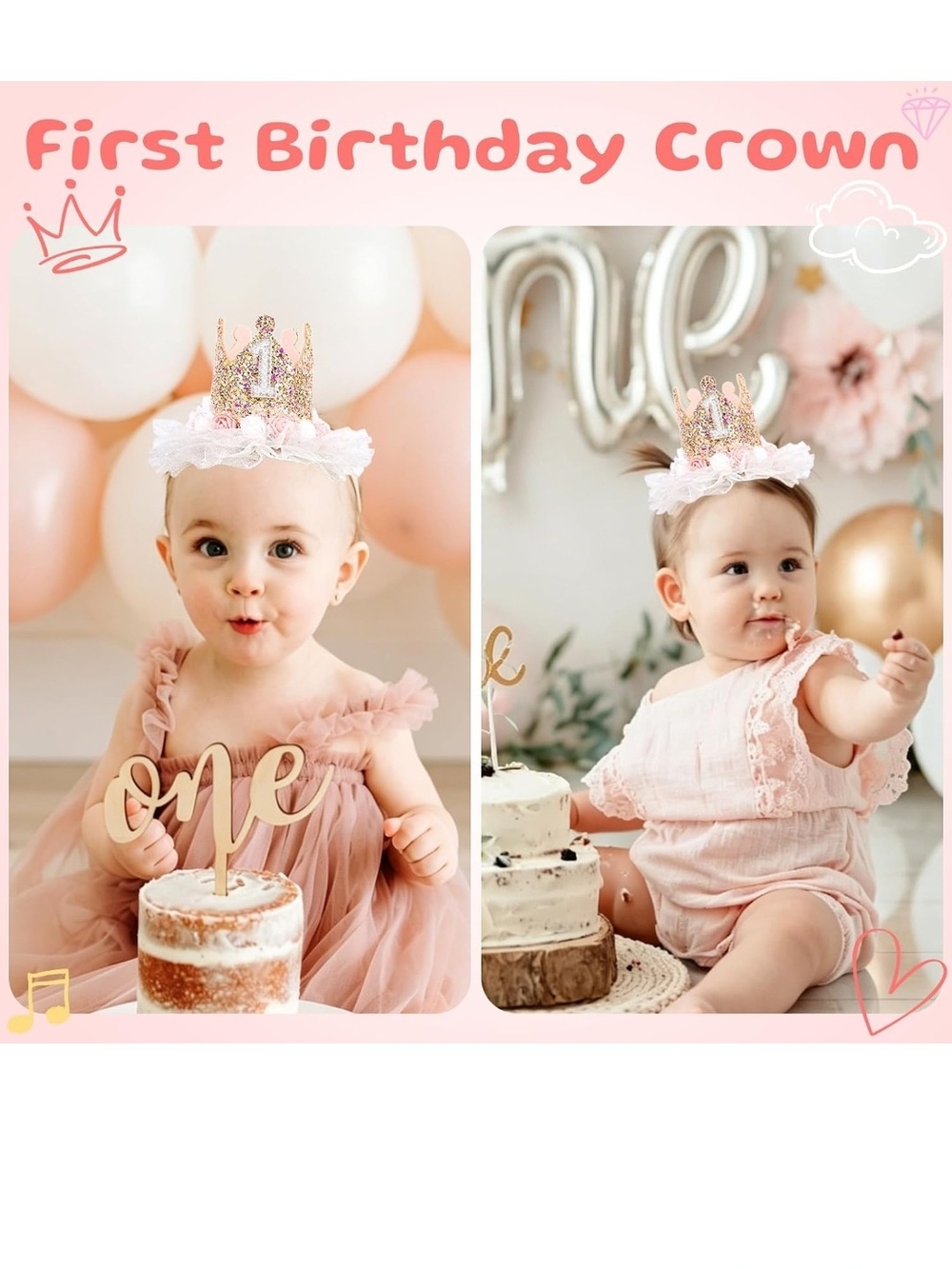 Glitter Pink First Birthday Princess Crown Headband - Picture 6 of 7